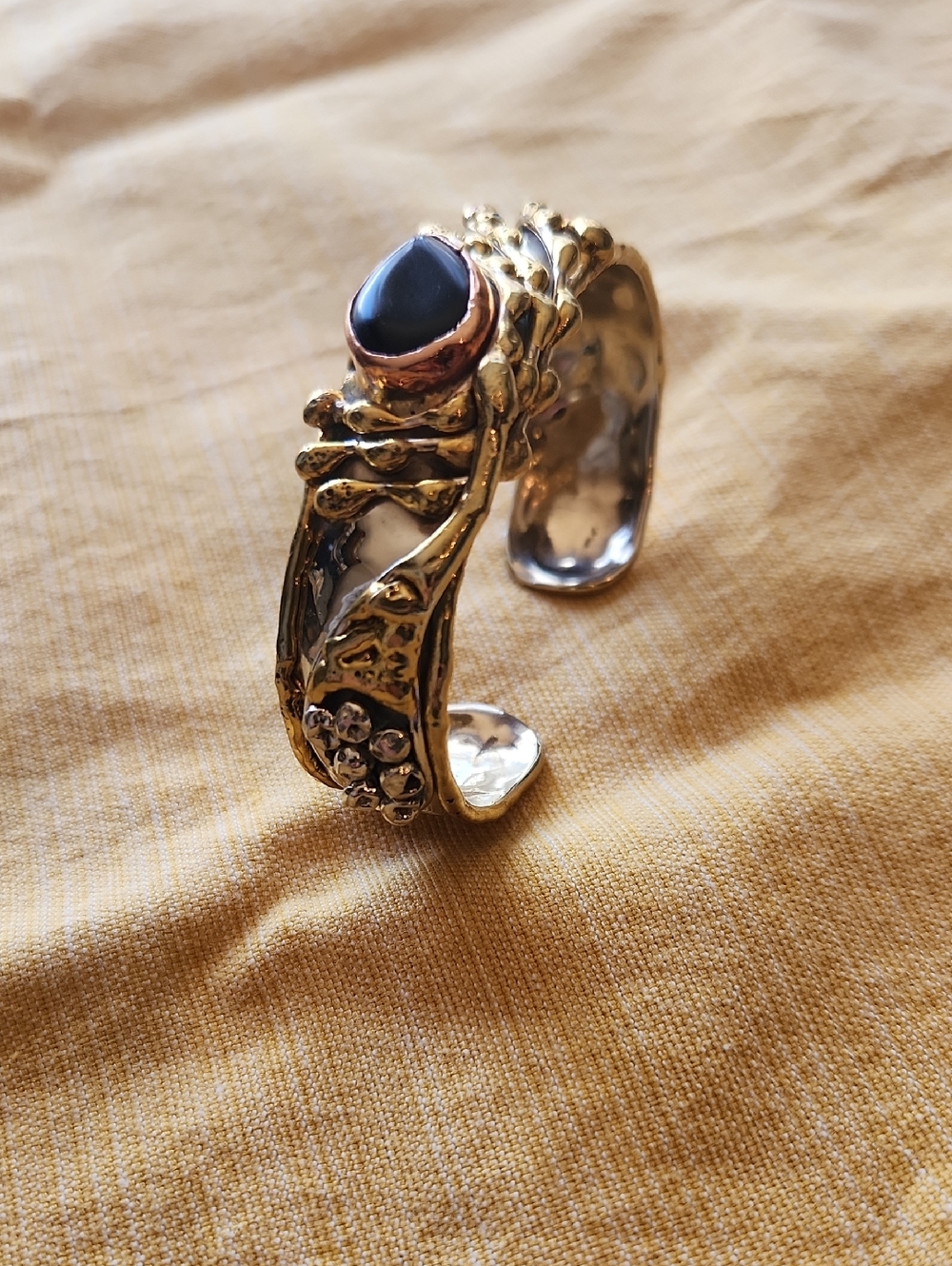 Gold-Tone Mixed Metals Cuff Bracelet with Black Stone Vintage Abstract Copper - Picture 2 of 12